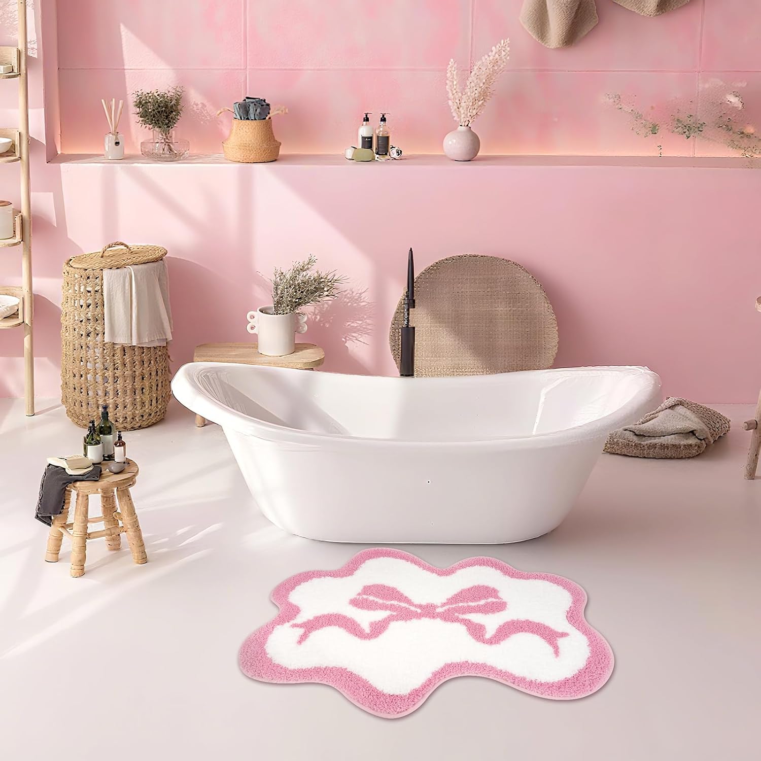 Pink Rug - Cute Bow Bath Rug, Machine Washable Bathroom Mat, Decorative Pink Carpet for Girls Bedroom, Bathroom & Kids Room (2'3×1'6)